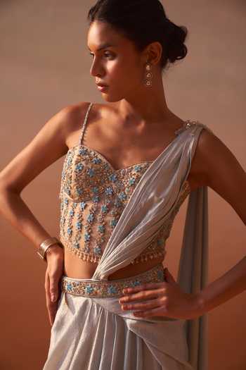 Buy_Nitika Gujral_Blue Satin, Net Sweetheart Neck Shimmer Pre-draped Saree With Blouse _Online_at_Aza_Fashions