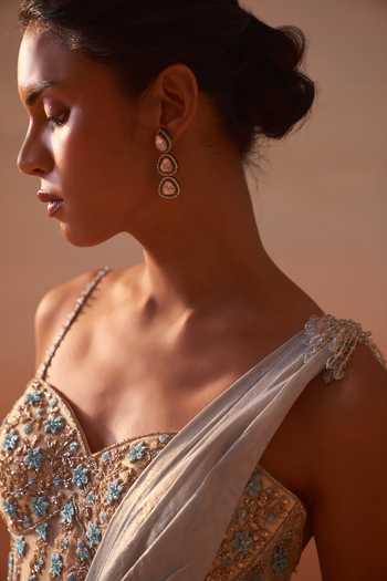 Shop_Nitika Gujral_Blue Satin, Net Sweetheart Neck Shimmer Pre-draped Saree With Blouse _Online_at_Aza_Fashions