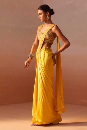 Nitika Gujral_Yellow Satin, Net Sweetheart Neck Pre-draped Saree With Beaded Blouse _Online_at_Aza_Fashions