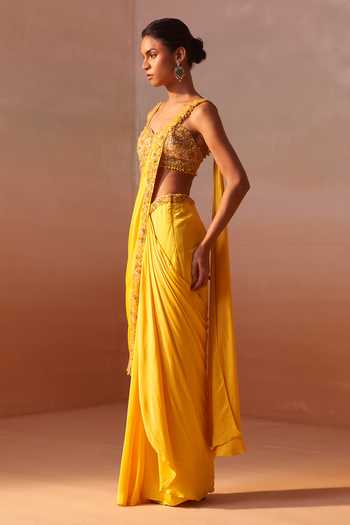 Buy_Nitika Gujral_Yellow Satin, Net Sweetheart Neck Pre-draped Saree With Beaded Blouse _Online_at_Aza_Fashions