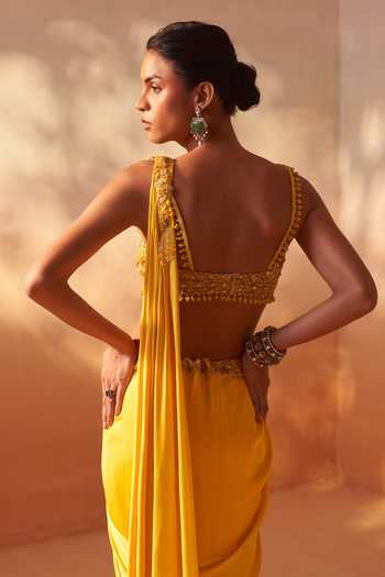 Shop_Nitika Gujral_Yellow Satin, Net Sweetheart Neck Pre-draped Saree With Beaded Blouse _Online_at_Aza_Fashions