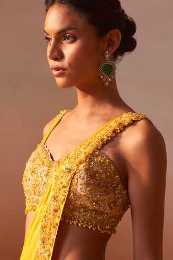 Buy_Nitika Gujral_Yellow Satin, Net Sweetheart Neck Pre-draped Saree With Beaded Blouse 