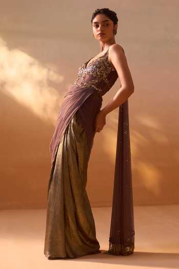 Nitika Gujral_Brown Satin, Net Sequins Two Tone Pre-draped Saree With Embroidered Blouse _Online_at_Aza_Fashions