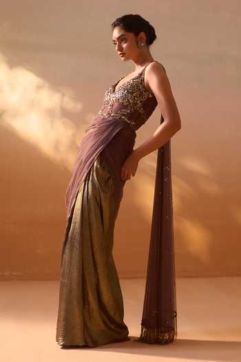 Buy_Nitika Gujral_Brown Satin, Net Sequins Two Tone Pre-draped Saree With Embroidered Blouse _Online_at_Aza_Fashions