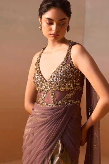 Shop_Nitika Gujral_Brown Satin, Net Sequins Two Tone Pre-draped Saree With Embroidered Blouse _Online_at_Aza_Fashions
