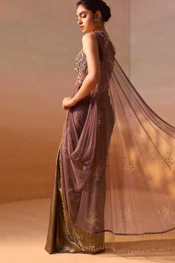 Nitika Gujral_Brown Satin, Net Sequins Two Tone Pre-draped Saree With Embroidered Blouse _at_Aza_Fashions
