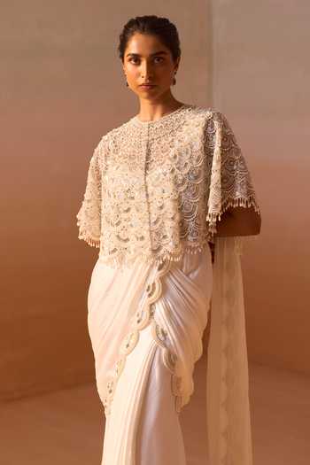 Nitika Gujral_White Organza, Satin, Net Pre-draped Saree Set With Embroidered Cape _Online_at_Aza_Fashions