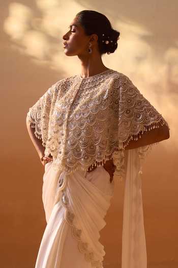 Buy_Nitika Gujral_White Organza, Satin, Net Pre-draped Saree Set With Embroidered Cape _Online_at_Aza_Fashions