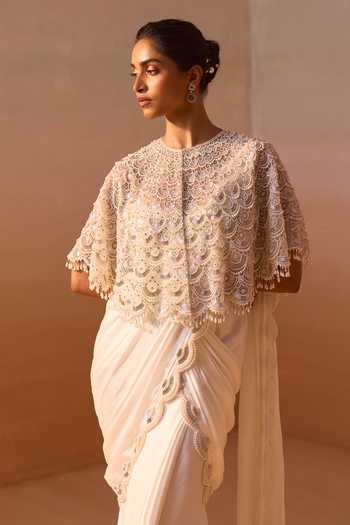 Shop_Nitika Gujral_White Organza, Satin, Net Pre-draped Saree Set With Embroidered Cape _Online_at_Aza_Fashions