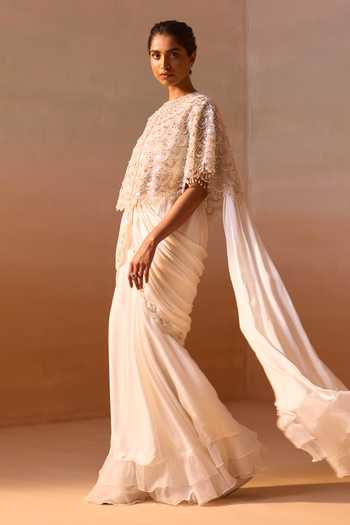Nitika Gujral_White Organza, Satin, Net Pre-draped Saree Set With Embroidered Cape _at_Aza_Fashions