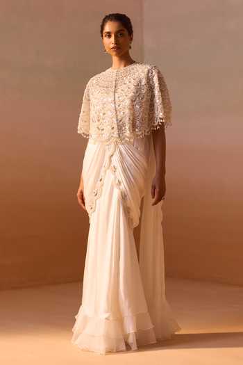 Buy_Nitika Gujral_White Organza, Satin, Net Pre-draped Saree Set With Embroidered Cape 