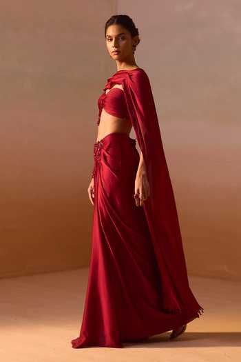 Nitika Gujral_Maroon Organza, Satin Sweetheart Neck Draped Bustier With Embroidered Skirt _Online_at_Aza_Fashions