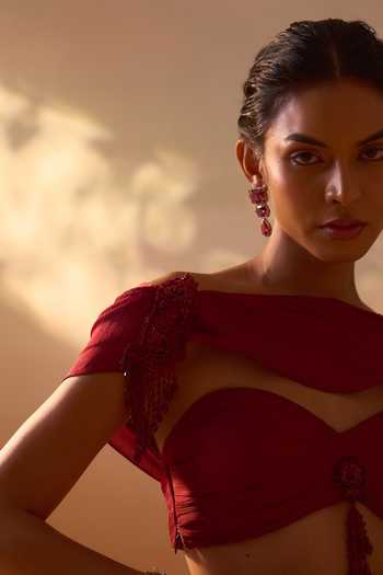 Buy_Nitika Gujral_Maroon Organza, Satin Sweetheart Neck Draped Bustier With Embroidered Skirt _Online_at_Aza_Fashions