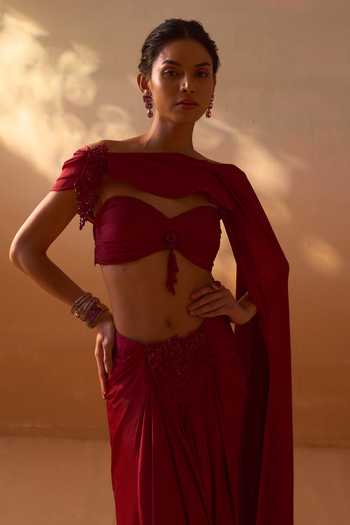 Shop_Nitika Gujral_Maroon Organza, Satin Sweetheart Neck Draped Bustier With Embroidered Skirt _Online_at_Aza_Fashions