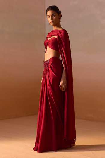 Nitika Gujral_Maroon Organza, Satin Sweetheart Neck Draped Bustier With Embroidered Skirt _at_Aza_Fashions
