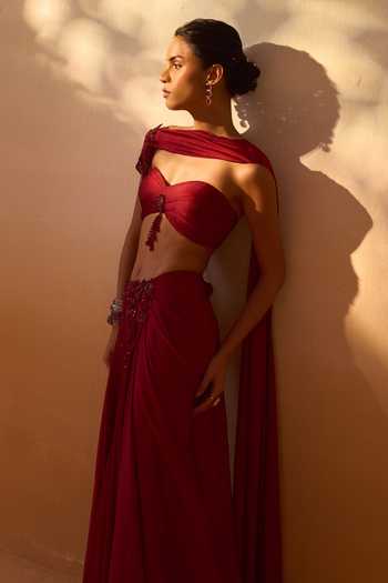 Shop_Nitika Gujral_Maroon Organza, Satin Sweetheart Neck Draped Bustier With Embroidered Skirt 