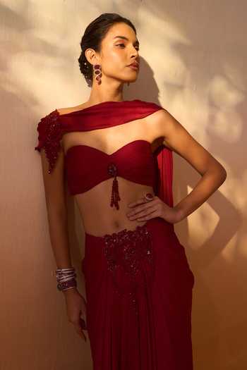 Buy_Nitika Gujral_Maroon Organza, Satin Sweetheart Neck Draped Bustier With Embroidered Skirt 