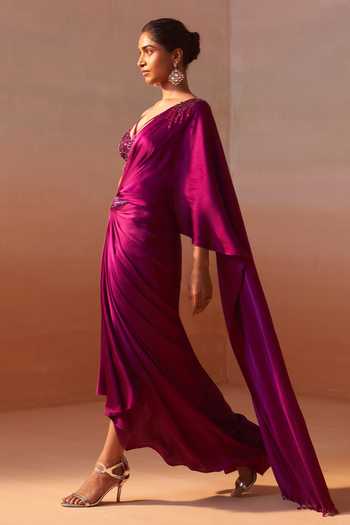 Nitika Gujral_Purple Satin, Net V-neck Pre-draped Saree With Tonal Embroidered Blouse _Online_at_Aza_Fashions
