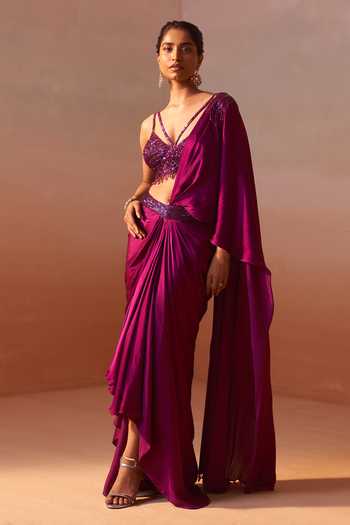 Buy_Nitika Gujral_Purple Satin, Net V-neck Pre-draped Saree With Tonal Embroidered Blouse _Online_at_Aza_Fashions