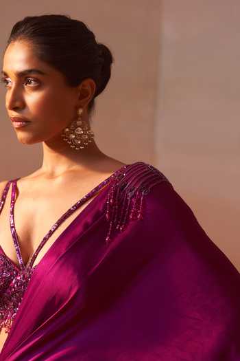 Shop_Nitika Gujral_Purple Satin, Net V-neck Pre-draped Saree With Tonal Embroidered Blouse _Online_at_Aza_Fashions