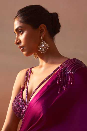 Nitika Gujral_Purple Satin, Net V-neck Pre-draped Saree With Tonal Embroidered Blouse _at_Aza_Fashions