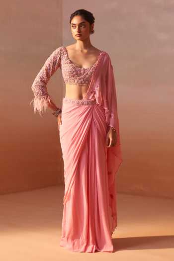 Nitika Gujral_Pink Georgette, Satin, Net Blossom Embroidered Pre-draped Saree With Blouse _Online_at_Aza_Fashions