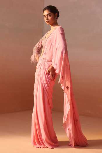 Buy_Nitika Gujral_Pink Georgette, Satin, Net Blossom Embroidered Pre-draped Saree With Blouse _Online_at_Aza_Fashions
