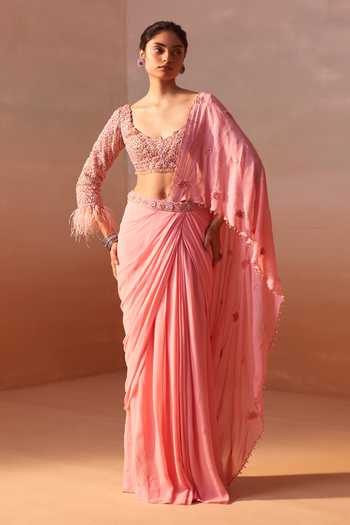 Nitika Gujral Blossom Embroidered Pre-Draped Saree With Blouse 