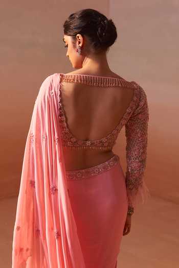 Shop_Nitika Gujral_Pink Georgette, Satin, Net Blossom Embroidered Pre-draped Saree With Blouse _Online_at_Aza_Fashions