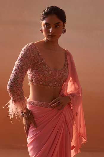 Nitika Gujral_Pink Georgette, Satin, Net Blossom Embroidered Pre-draped Saree With Blouse _at_Aza_Fashions