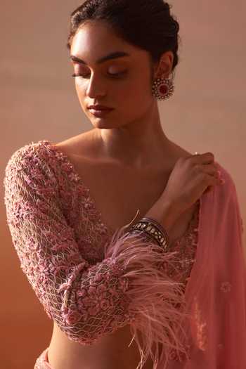 Buy_Nitika Gujral_Pink Georgette, Satin, Net Blossom Embroidered Pre-draped Saree With Blouse 