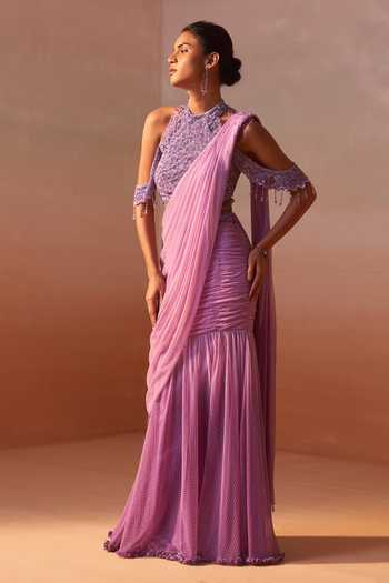 Nitika Gujral_Lilac Net Halter Neck Fishtail Pre-draped Saree With Backless Blouse _Online_at_Aza_Fashions