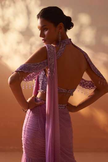 Buy_Nitika Gujral_Lilac Net Halter Neck Fishtail Pre-draped Saree With Backless Blouse _Online_at_Aza_Fashions