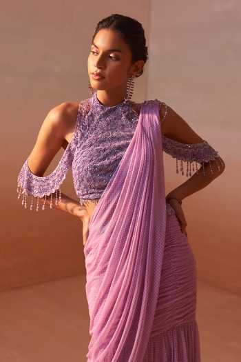 Shop_Nitika Gujral_Lilac Net Halter Neck Fishtail Pre-draped Saree With Backless Blouse _Online_at_Aza_Fashions