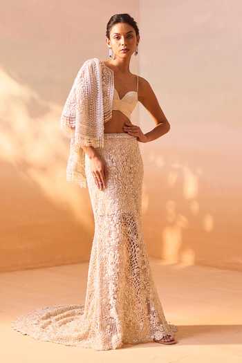 Nitika Gujral Ivory Satin, Net Sweetheart Neck, Open Embellished Trail Skirt Set With Jacket Online at Aza Fashions Nitika Gujral_Ivory Satin, Net Sweetheart Neck, Open Embellished Trail Skirt Set With Jacket _Online_at_Aza_Fashions