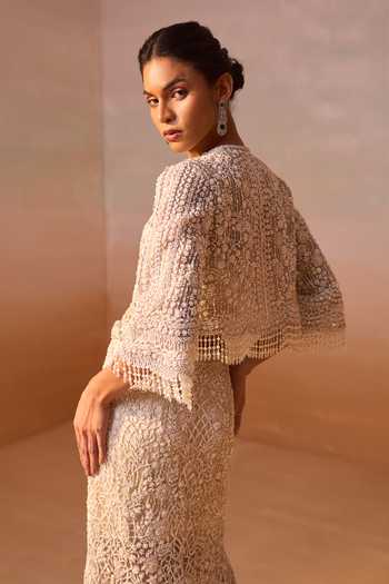 Buy Nitika Gujral Ivory Satin, Net Sweetheart Neck, Open Embellished Trail Skirt Set With Jacket Online at Aza Fashions Buy_Nitika Gujral_Ivory Satin, Net Sweetheart Neck, Open Embellished Trail Skirt Set With Jacket _Online_at_Aza_Fashions