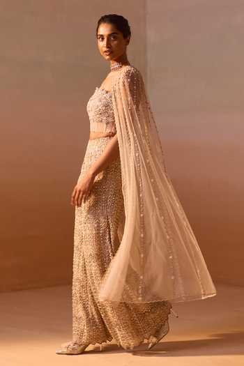 Nitika Gujral_Beige Net Beads, Pearls, Crystals Bandeau Tonal Embroidered Cape Trouser Set  _Online_at_Aza_Fashions
