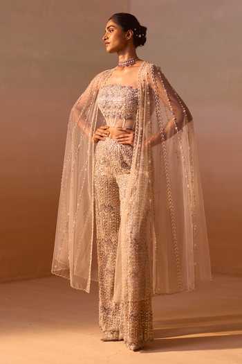 Buy_Nitika Gujral_Beige Net Beads, Pearls, Crystals Bandeau Tonal Embroidered Cape Trouser Set  _Online_at_Aza_Fashions