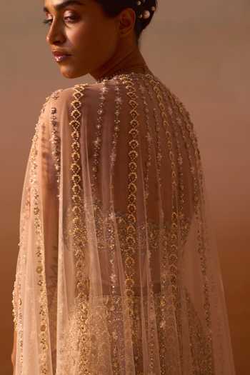 Shop_Nitika Gujral_Beige Net Beads, Pearls, Crystals Bandeau Tonal Embroidered Cape Trouser Set  _Online_at_Aza_Fashions