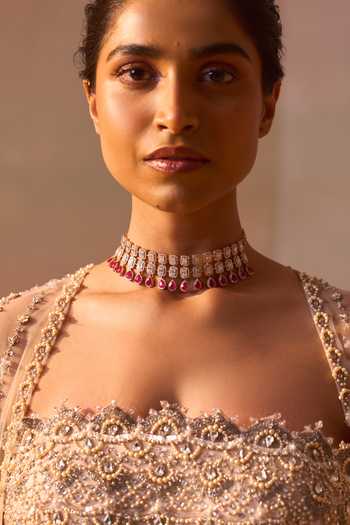 Nitika Gujral_Beige Net Beads, Pearls, Crystals Bandeau Tonal Embroidered Cape Trouser Set  _at_Aza_Fashions