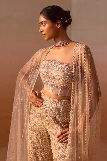 Buy_Nitika Gujral_Beige Net Beads, Pearls, Crystals Bandeau Tonal Embroidered Cape Trouser Set  