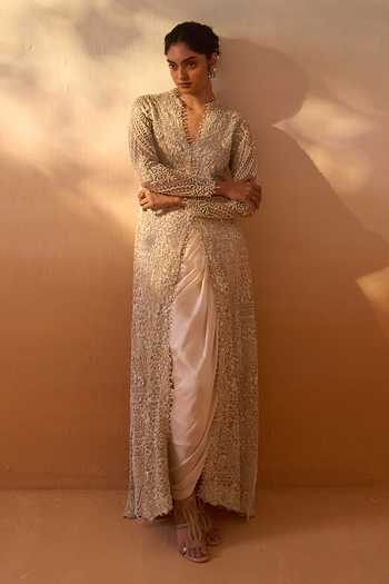 Nitika Gujral Ivory Satin, Net V-neck Embroidered Long Jacket And Draped Skirt Set Online at Aza Fashions Nitika Gujral_Ivory Satin, Net V-neck Embroidered Long Jacket And Draped Skirt Set _Online_at_Aza_Fashions