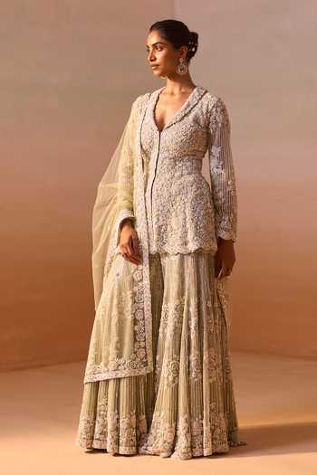 Nitika Gujral_Green Net V-neck, Yes Embroidered Peplum Kurta Sharara Set _Online_at_Aza_Fashions