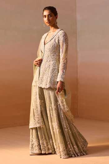 Buy_Nitika Gujral_Green Net V-neck, Yes Embroidered Peplum Kurta Sharara Set _Online_at_Aza_Fashions