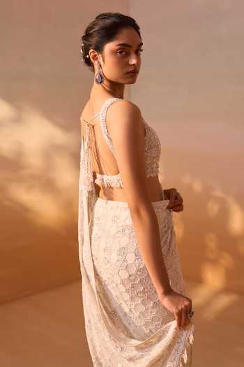 Buy_Nitika Gujral_Ivory Georgette, Net Square Neck Tonal Embroidered Saree And Blouse Set _Online_at_Aza_Fashions