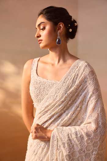 Shop_Nitika Gujral_Ivory Georgette, Net Square Neck Tonal Embroidered Saree And Blouse Set _Online_at_Aza_Fashions