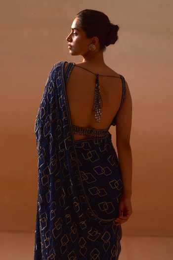Buy_Nitika Gujral_Navy Georgette, Satin V-neck Geometric Embroidered Saree With Blouse _Online_at_Aza_Fashions