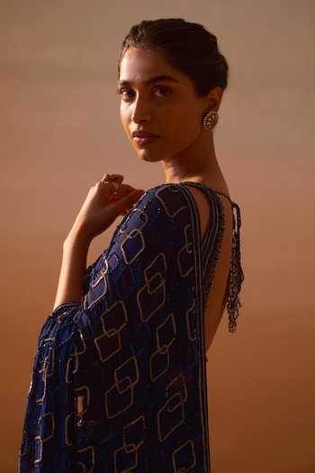 Shop_Nitika Gujral_Navy Georgette, Satin V-neck Geometric Embroidered Saree With Blouse _Online_at_Aza_Fashions