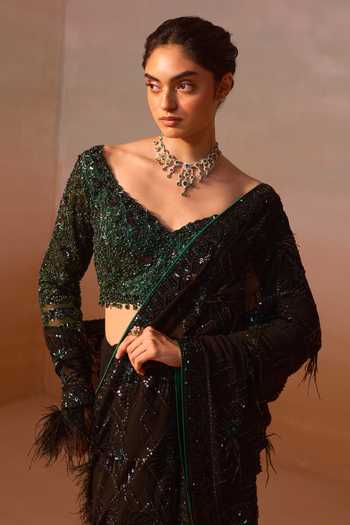Nitika Gujral Black Georgette, Satin Sweetheart Neck Sequin Embroidered Saree With Blouse Online at Aza Fashions Nitika Gujral_Black Georgette, Satin Sweetheart Neck Sequin Embroidered Saree With Blouse _Online_at_Aza_Fashions