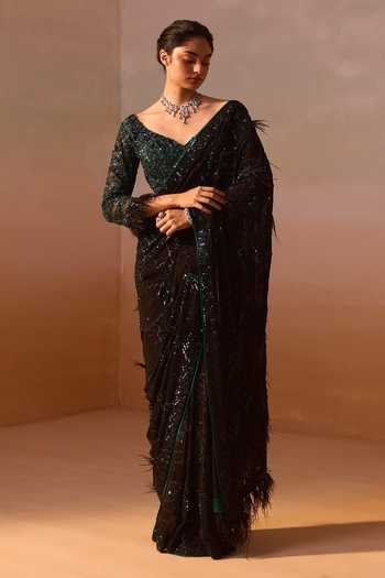 Shop Nitika Gujral Black Georgette, Satin Sweetheart Neck Sequin Embroidered Saree With Blouse Online at Aza Fashions Shop_Nitika Gujral_Black Georgette, Satin Sweetheart Neck Sequin Embroidered Saree With Blouse _Online_at_Aza_Fashions